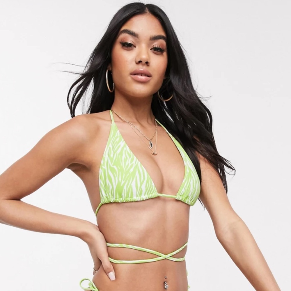 Asos white neon green lime zebra print waist tie bikini top